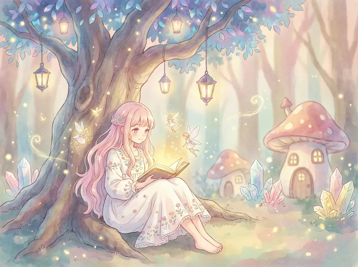 美丽的姑娘日本片 - 魔法森林中阅读故事书的粉发少女与精灵